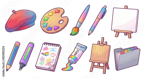 A vibrant collection of art supplies on a clean white background showcasing creativity and artistic expression