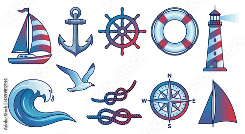 Nautical illustrations of anchors, ships, and lighthouses in a graphic design