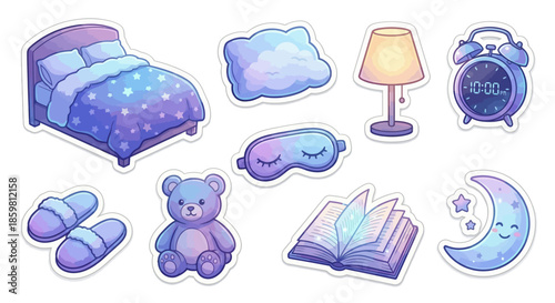 A serene bedroom scene with a bed, teddy bear, and book under a soothing atmosphere