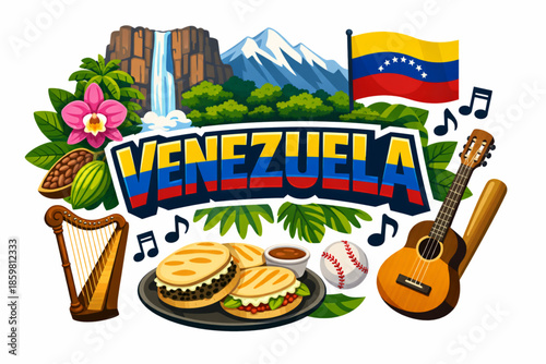 Venezuela culture vector illustration with Angel Falls Andes rainforest cuisine and national symbols