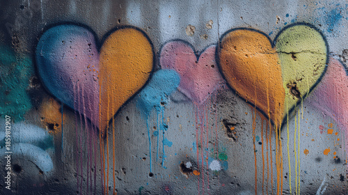 Vibrant Graffiti Hearts and Watercolors on Urban Concrete Wall at Dusk, Perfect for Street Art and City Life Themes