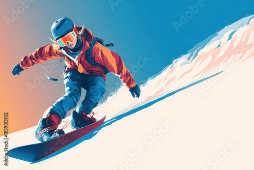 Dynamic Vector Illustration of a Snowboarder Shredding Fresh Powder, Perfect for Web Banners and Print Media