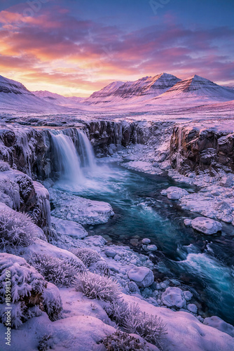 Dreamy Icelandic Winter Landscape with Snow Covered Mountains, Frozen Waterfall and Turquoise River at Sunrise