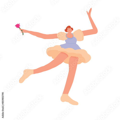 A woman in a blue dress holds a pink flower in her hands. She's dancing and happy. Cartoon-style vector illustration isolated on a white background