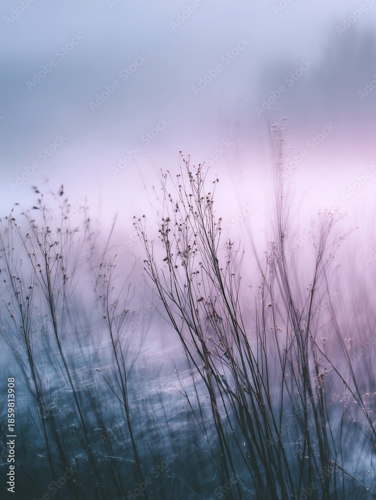 Fototapeta premium A Serene Mist Over Gentle Grasslands in Soft Purple Hues Captivating the Tranquility of Nature's Morning Light