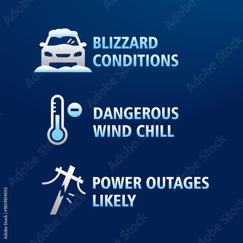 Weather Warning: An informational graphic illustrates potential hazards and warnings, including blizzard conditions, dangerous wind chill, and the possibility of power outages.