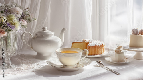 Wallpaper Mural Relaxing afternoon tea party set with a teapot, exquisite teacup, and sweet desserts on a sunlit table Torontodigital.ca