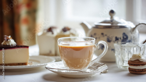 Wallpaper Mural Afternoon tea service with milk tea in a clear cup, cheesecake, and a macaron on a white tablecloth Torontodigital.ca