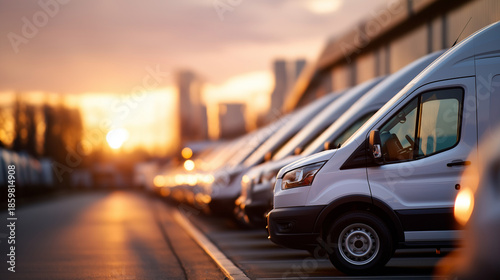 Long row of pristine white delivery vans lined up at golden sunset hour commercial fleet vehicles professional transportation assets logistics company parking area evening gold