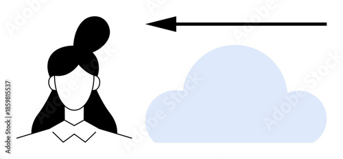Cloud computing. Woman profile next to a cloud and an arrow cloud computing and data transfer. Cloud computing technology for digital storage, SaaS, and connectivity
