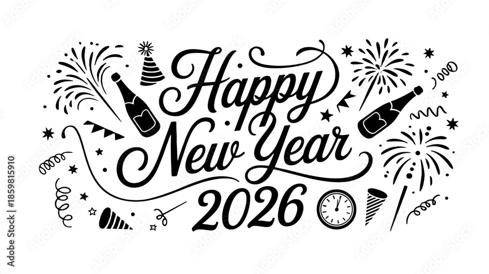 Obraz premium Compact Happy New Year 2026 Typography with Fireworks and Champagne Icon