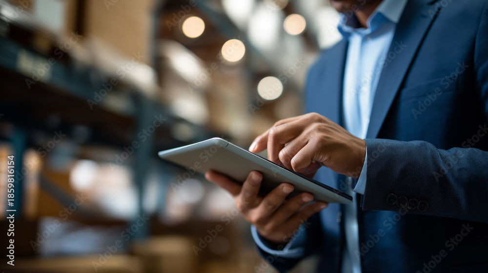 Obraz premium Faceless serious professional businessman carefully examining warehouse operations using digital tablet device logistics facility management distribution center inspection