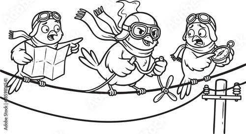 funny bird on a wire, bird, food, rose, xmas, flower, seamless, fairy tale, fantasy, art, winter, fairytale, outline, pattern, children, cat, nature, animal, coloring book, sketch, drawing, vector, il