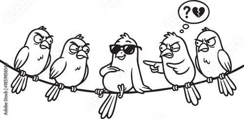 funny bird on a wire, bird, food, rose, xmas, flower, seamless, fairy tale, fantasy, art, winter, fairytale, outline, pattern, children, cat, nature, animal, coloring book, sketch, drawing, vector, il