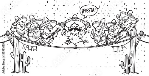 funny bird on a wire, bird, food, rose, xmas, flower, seamless, fairy tale, fantasy, art, winter, fairytale, outline, pattern, children, cat, nature, animal, coloring book, sketch, drawing, vector, il