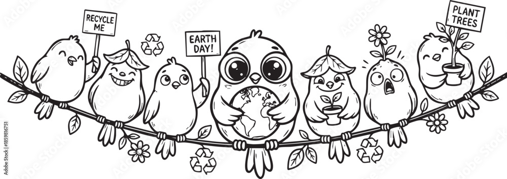 Fototapeta premium funny bird on a wire, bird, food, rose, xmas, flower, seamless, fairy tale, fantasy, art, winter, fairytale, outline, pattern, children, cat, nature, animal, coloring book, sketch, drawing, vector, il