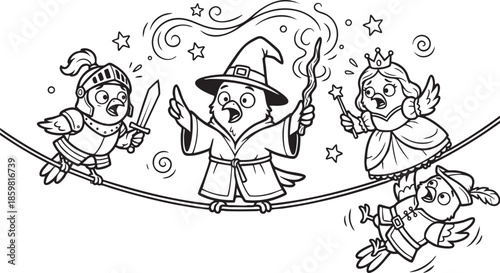 funny bird on a wire, bird, food, rose, xmas, flower, seamless, fairy tale, fantasy, art, winter, fairytale, outline, pattern, children, cat, nature, animal, coloring book, sketch, drawing, vector, il