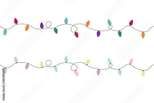 Festive Colorful String Lights Garland in Bright and Pastel Colors Across White Background for Holiday Decor and Celebration