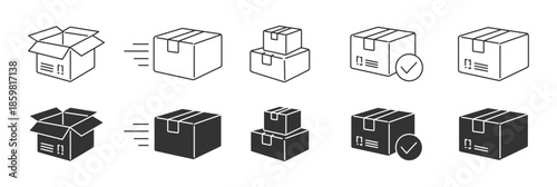 Package Box Icons Set, Delivery and Shipping Symbols, Parcel, Warehouse and Logistics Concept, Vector Illustration