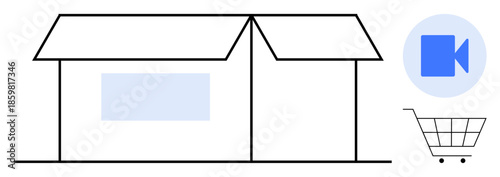 Digital transformation, online shopping, media services, virtual communication, e-commerce, and video content. A house structure, shopping cart and video icon. Online shopping and media services