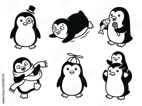 Set of Cute Cartoon Penguin Characters in Various Poses and Costumes