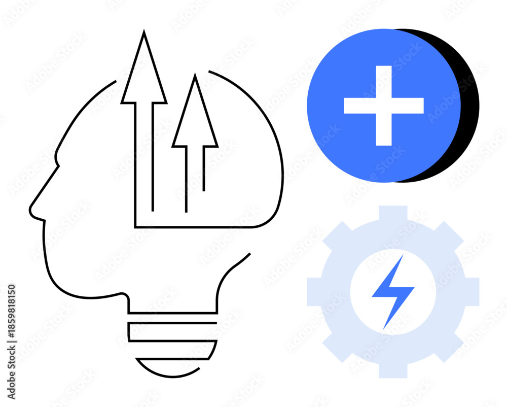 Obraz premium Innovation concept. Innovation with a human silhouette, upward arrows growth, a gear with lightning bolt, and a plus symbol for advancement. For technology, creativity, business strategies