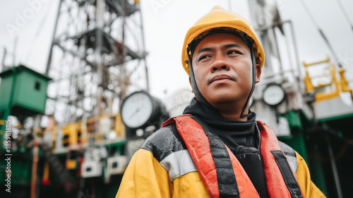 Young Asian male worker in hard hat on offshore oil rig. Industrial engineer in safety gear at drilling platform. Energy and gas industry professional