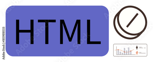 Purple HTML text, circular outline with slash, and minimal data graph with user icon and progression line. Ideal for coding, web development, data, creativity, analysis, programming and connection