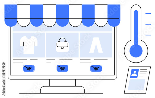 Online shopping concept. Online shopping platform with a storefront, cart symbols, and a temperature gauge. Online shopping for ecommerce, retail apps, digital stores, product sales