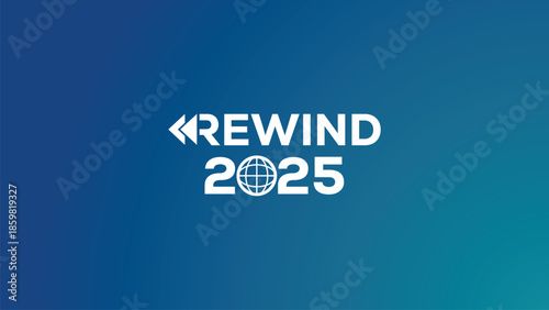 Dynamic white "REWIND 2025" typography with target icon in numbers on navy blue background. Ideal for year-in-review videos, recap graphics, social media highlights, annual summaries. Modern vector.