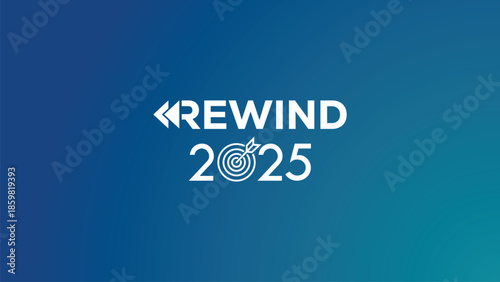 Dynamic white "REWIND 2025" typography with target icon in numbers on navy blue background. Ideal for year-in-review videos, recap graphics, social media highlights, annual summaries. Modern vector.