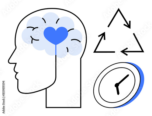 Mental health, sustainability, mindfulness, time management, environmental care, cognitive focus. Human head outline with brain and heart, recycling icon and clock. Mental health and sustainability