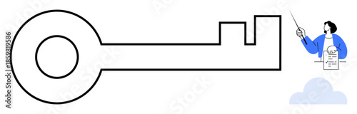 Large key, person with document pointing at text, and a cloud in background. Ideal for themes thumbs up access, opportunity, solution, security, knowledge leadership decision-making. Simple flat