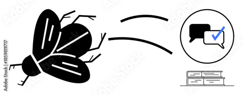 Black fly flying toward message bubbles with a checklist and stack of books. Ideal for transformation, communication, education, knowledge, creativity, problem-solving, abstract thought, simple flat