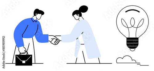 Business, partnership, innovation, teamwork, creative ideas, entrepreneurship. Two people shaking hands next to a light bulb ideas. Business partnership and innovation concept