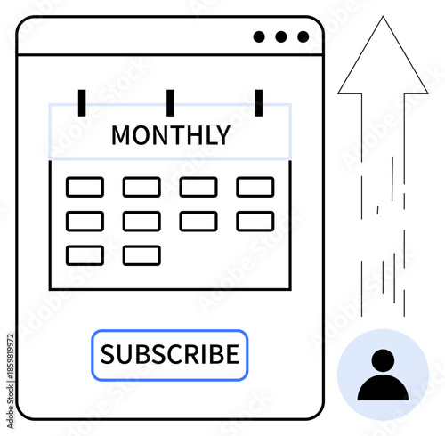 Subscription models, growth, digital services, user engagement, recurring payment, customer retention. Monthly calendar with subscribe button and upward arrow. Subscription models and growth theme