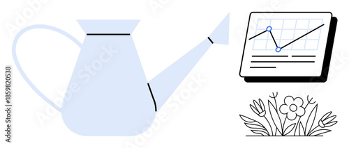 Watering can nurturing plants with blooming flowers beside an upward-trending line chart. Ideal for growth, strategy, success, analytics, nurturing, progress, sustainability. Simple flat metaphor