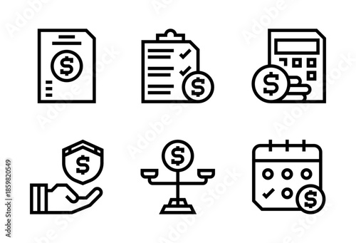 Pack de iconos de presupuesto. Documento financiero, control de gastos, cálculo monetario, protección económica, equilibrio financiero. Diseño vectorial lineal