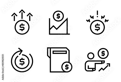 Pack de iconos de inversiones. Moneda en crecimiento, gráfica financiera con moneda, alerta monetaria, rotación de capital, carpeta financiera. Diseño vectorial lineal