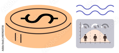 Coin with dollar symbol, statistic graph of population distribution, and fluctuating wave lines. Ideal for finance, economics, analysis, demographics, business forecasting, statistics and wealth as
