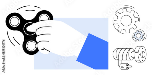 Stress relief, productivity tools, engineering concepts, mechanical design, creative processes, innovation. A hand spins a fidget spinner alongside gears and machinery graphics. Stress relief