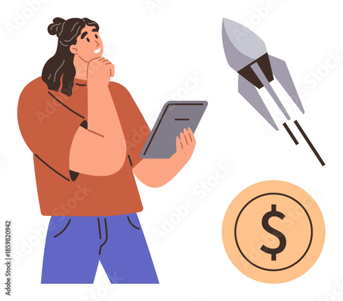 Woman holding tablet in contemplative pose, rocket signifying innovation and progress, dollar coin for finance. Ideal for planning, investment, growth, technology, business strategy, startups simple