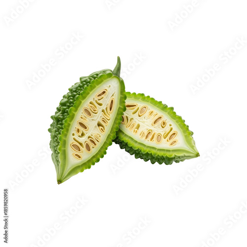 Bitter melon cut in half on Transparent Background