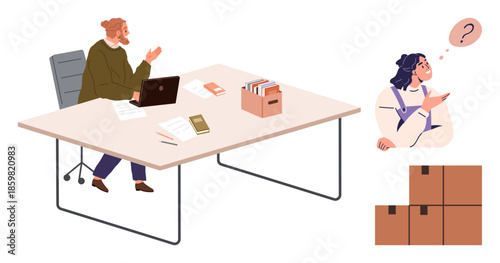 Office worker at desk organizing documents, using laptop, communicating with puzzled colleague, surrounded by stacked boxes. Ideal for teamwork, management, logistics, communication, problem-solving
