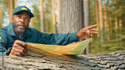 Mature Black park ranger with map giving directions in forest. Male forester pointing out route on trail. Outdoor navigation and exploration