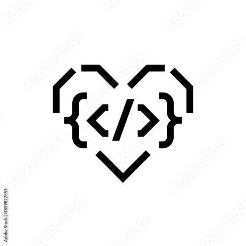 Heart vector constructed from computer code brackets and characters. Suitable for tech-related designs, web development concepts, and digital projects.