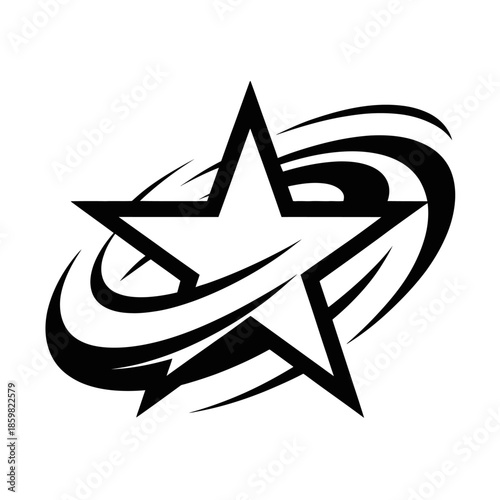 Dynamic black and white star vector logo with orbiting swooshes, suitable for technology, space, astronomy, or innovation brands.