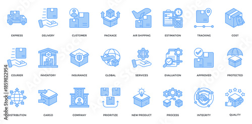 Delivery And Logistic Icon Set. Containing Express, Delivery, Package, Courier, Customer, Distribution Icons. Lineal Blue Style