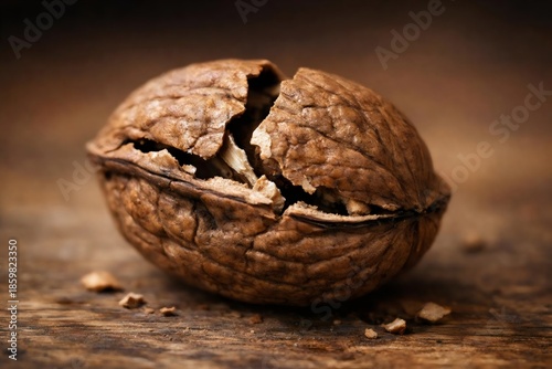 Cracked Walnut Shell in Close-Up View