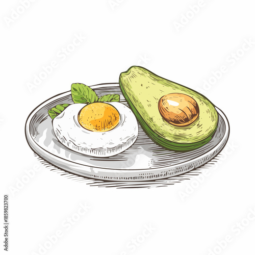 Hand-drawn engraving of a poached egg with fresh avocado slice on a plate, featuring fine etched detail, perfect for healthy breakfast, brunch, and Australian food themes.